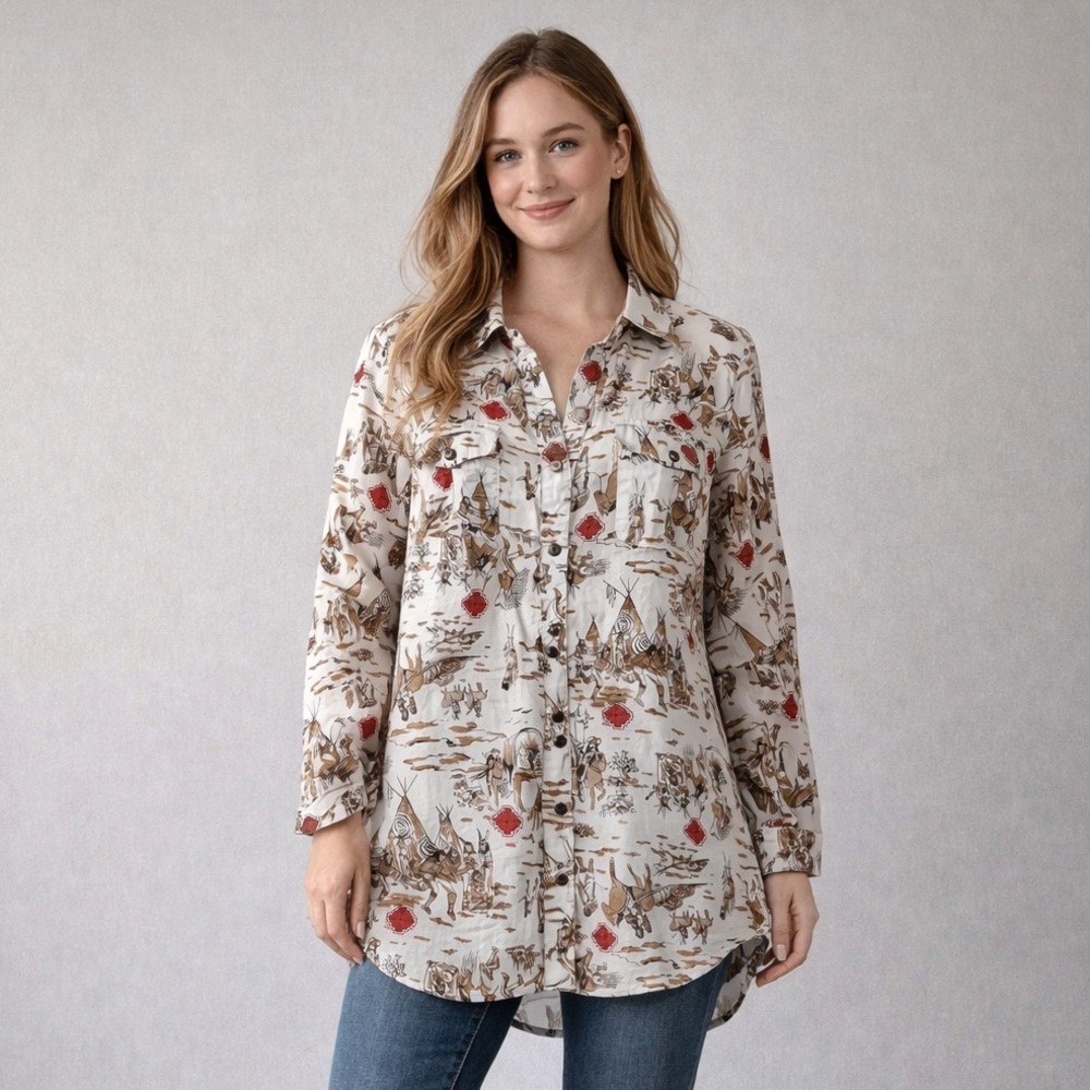 Tasha Polizzi Western Print Rolled Sleeve Tunic With Pockets White Brown Size M